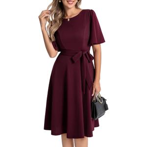 Bbonlinedress Women Midi Vintage Cocktail Party Tea Dress Short Sleeve Formal Wedding Guest Church Modest Dress (Medium, Burgundy)