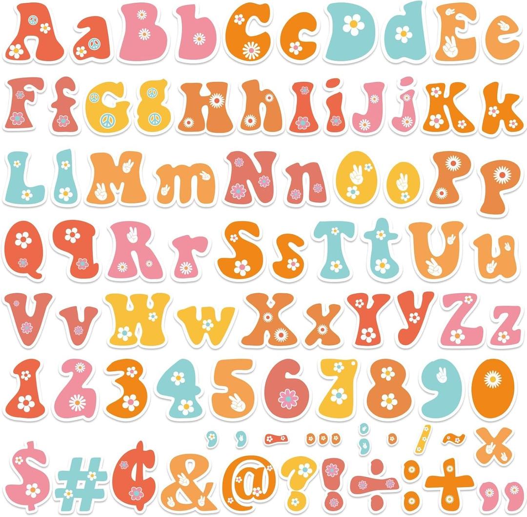 260 PCS Groovy Bulletin Board Letters for Classroom 4” Letters Combo Pack Set Groovy Retro Hippie Classroom Decorations Daisy Alphabet Numbers Symbols Letters Bulletin Cutouts Card for Classroom Decor