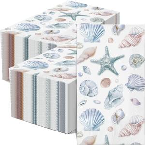 Funrous 200 Seashell Napkins Bulk 3 Ply Summer Ocean Sea Guest Napkins Coastal Beach Nautical Coastal Bathroom Paper Guest Towel for Bathroom Wedding, 7.9 x 4.3 in(Shell)