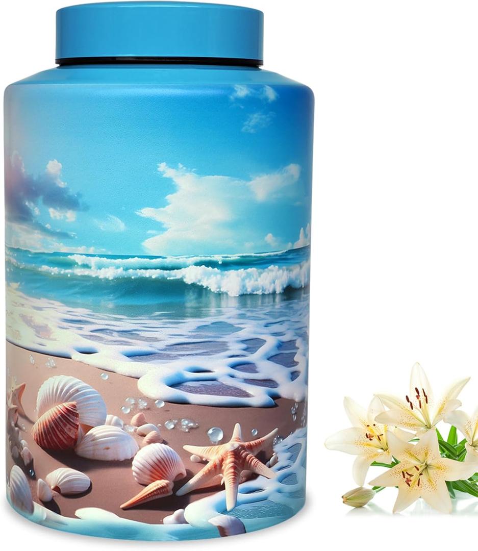 Large Cremation Urn for Adult Female Male Ashes, Decorative Funeral Blue Keepsake Memorial Urns for Human Women Man Dad Mom Remains with Velvet Bag(Ocean Heaven)