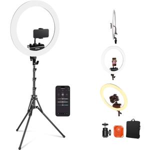 NEEWER 18 inch Ring Light with Tripod Stand and Phone Holder, Ultra Thin Video Ringlight 2900K-7000K TLCI98 App Control, Softer Lighting for Lash Tattoo Makeup Live Stream TikTok, RP18B Pro White