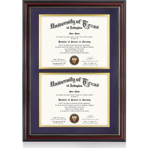 GraduationMall Double 8.5x11 Diploma Frame,Solid Wood & Tempered Glass,Cherry Finish with Gold Trim,Purple & Gold Mat