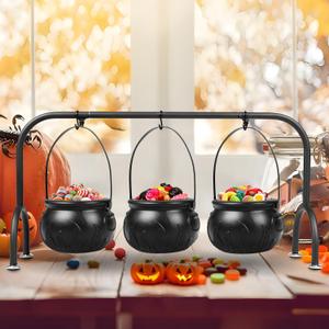 Halloween Party Decorations Indoor,Set of 3 Witches Cauldron Candy Serving Bowls With Rack,Halloween Party Supplies,Black Plastic Candy Cauldron for Table Decor