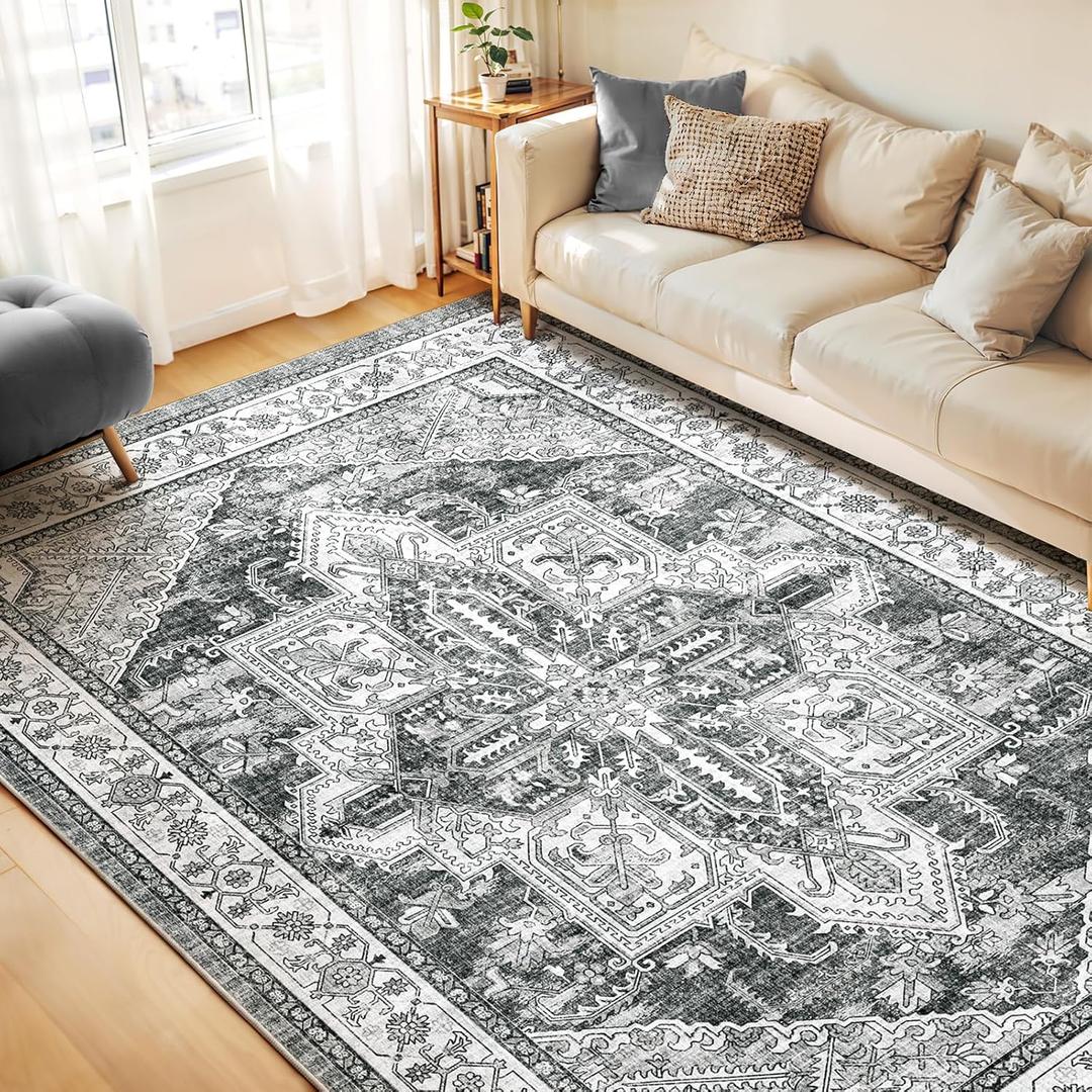 WITSHOCK Living Room Area Rugs 8x10: Washable Rug Boho Soft Non-Slip Low Pile Stain Resistant Foldable Carpet for Bedroom Playroom Dining Room Office Kitchen Farmhouse Home Decor Rug-Gray (Grey)