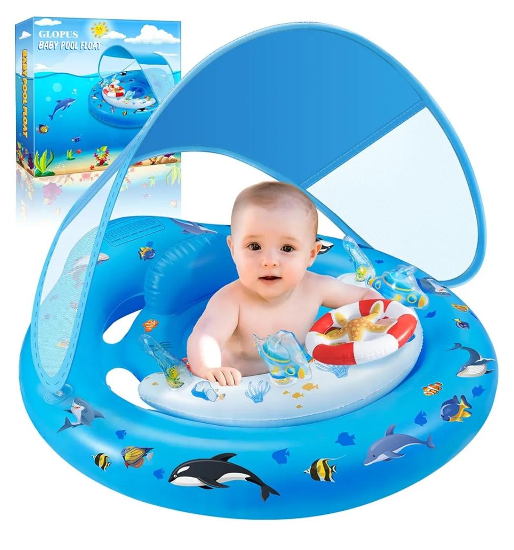 Baby Pool Float with Canopy UPF50+ Sun Protection, Inflatable Kids Pool Floats with Toy Play Console for Baby 6-36 Months, Infant Swimming Float with Adjustable Safety Seat for Boys Girls