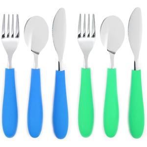 Elk and Friends Kids Silverware with Silicone Handle | Childrens Safe Flatware | Kids Utensils | Spoon + Fork + Knife set | 4 years+ | 6 Pieces (Green/Blue)