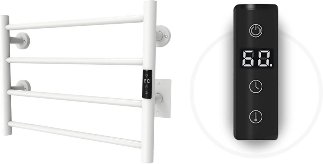 Odass | Towel Warmer | Built-in Timer with Led Indicators | Timer Modes: 1 H to 8 H, ON/Off | Temperature 30 to 60 °C (86 to 140 °F) | Wall Mounted | 4 Bars | Matt White