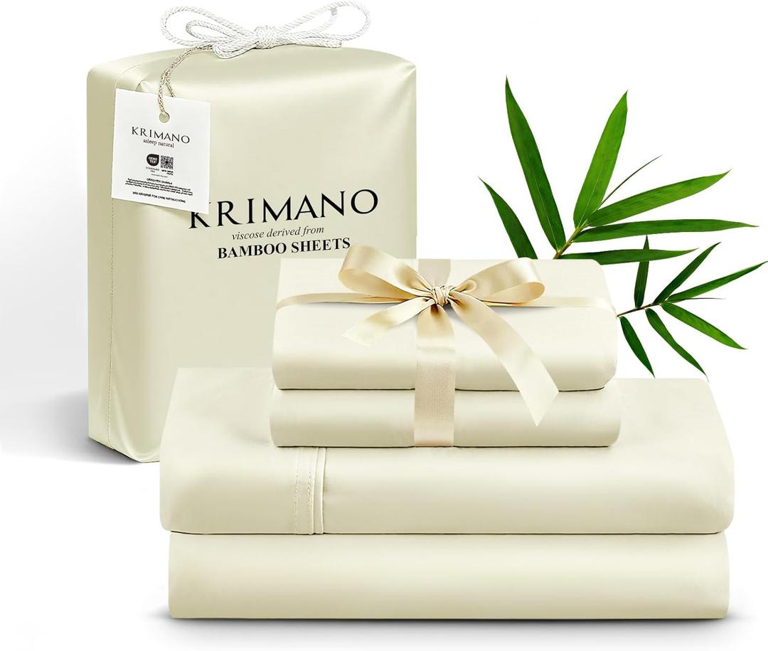 King Size Sheet Set, Viscose Bamboo Sheets for Bed Set 4pcs, 100% Viscose Derived from Bamboo, Hotel Luxury Silky & Cooling for Hot Sleepers, Deep Pocket Up to 17", Creme