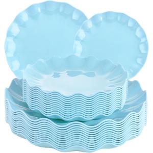 LIYH 24 Pcs Blue Plastic Plates Reusable - Unbreakable Light Blue Scalloped Plates, Dishwasher Safe Camping Plate for Parties, Birthday, Picnics, BPA Free (12Guests)