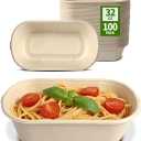 32 oz Paper Bowls 100 Pack for Sandwich Roll, Burrito, Salads, Pasta, Microwavable Meal Catering Disposable Bowls for Lunch To go, 100 Bowls Only, 9.05 x 5.1 x 2.36 inch