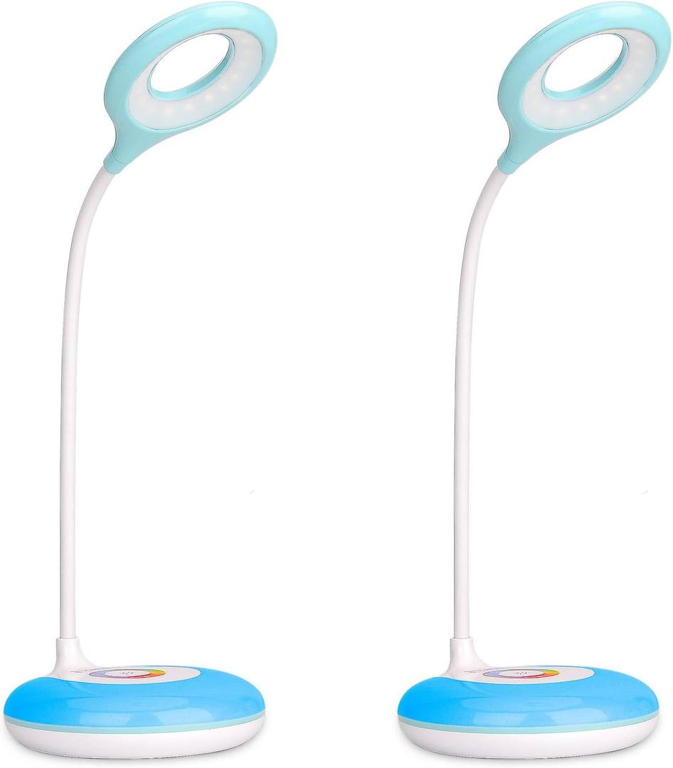2 Pack LED Desk Lamp Cordless Rechargeable Battery Operated Table Light Adjustable Gooseneck Dimmable Touch Control Color Changing RGB Eye-Caring Base Night Light for Kids with USB Charging Cable