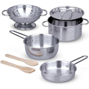 Melissa & Doug Stainless Steel Pots & Pans, 8 Piece Play Kitchen Set, Premium Play Kitchen Accessories & Cooking Utensils, Preschool Toys for Kids 3+, 12.9 X 6.0 X 6.0