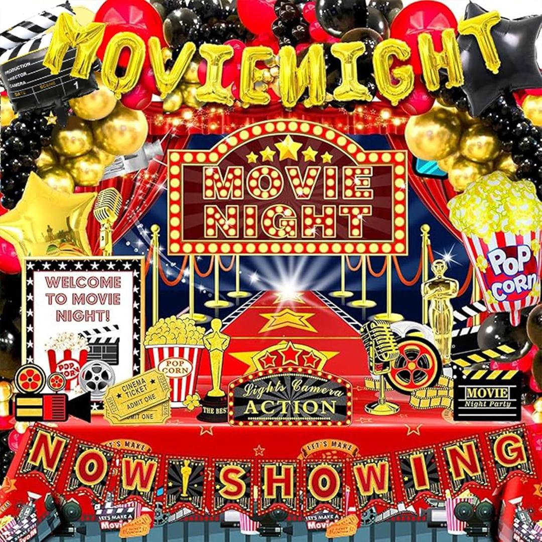 121pcs Movie Night Decorations, Movie Theme Party Decorations, Movie Theater Decorations, Backdrop, Banners, Cardstocks, Tablecloth, Popcorn Clapboard Foil Balloons Arch for Movie Night Birthday Party