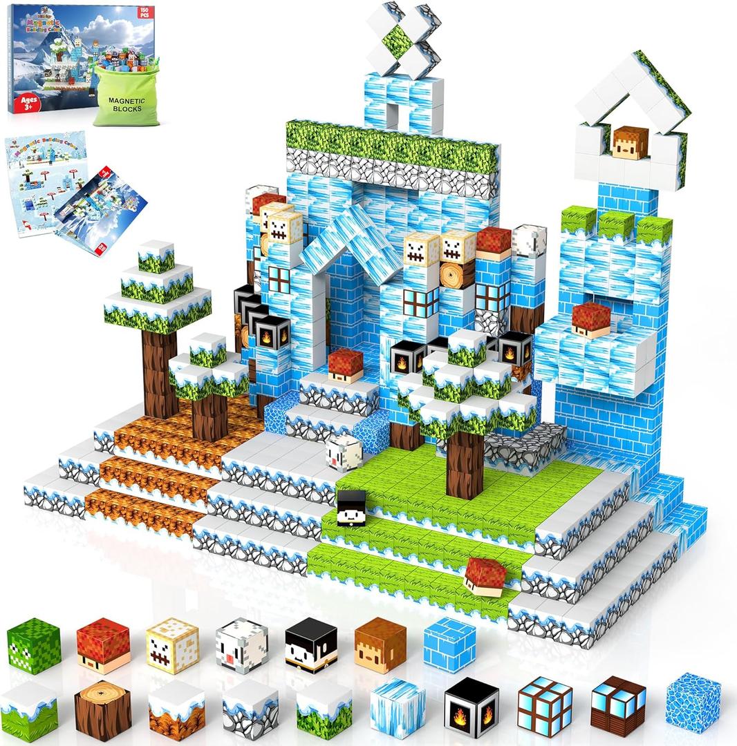 150PCS Magnetic Blocks-Magnetic Building Blocks Magnet Toys Set Stacking Snow Mountain World with Magnet Construction Toys STEM Sensory Gift for Kids Toddlers Boys & Girls Birthday Gifts Ages 3+