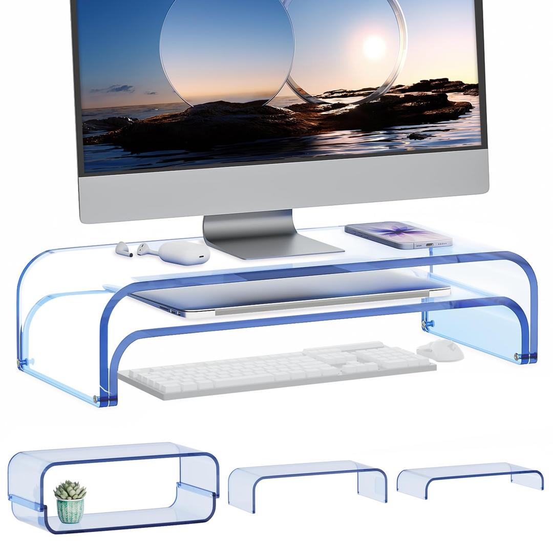 ERGO COLLECT Acrylic Dual Monitor Stand Riser 2 Tier, Modular Laptop Stand for Desk, Multifunctional Desktop Organizer Shelf for PC, iMac, Printer, Detachable Monitor Stand for Office or Home, Blue