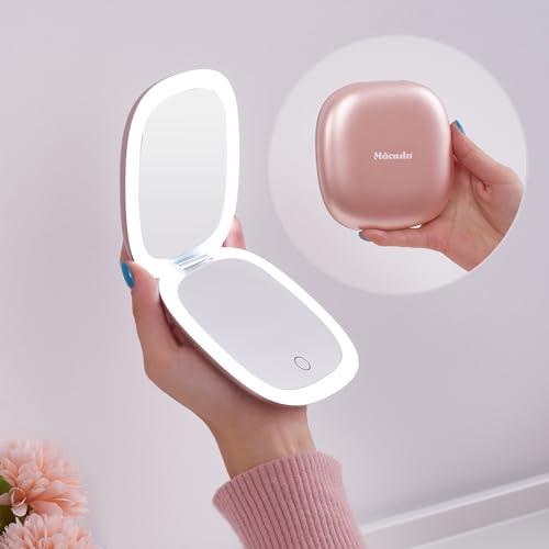 Mocado Compact LED Magnifying Travel Makeup-Mirror - 4 inches 1X/10X Magnification Small Hand Pocket Dimmable Double Sided USB Rechargeable Touch Screen, Portable Tabletop Cosmetic (Rose Gold)