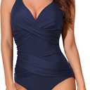 Smismivo Tummy Control Swimsuits for Women Slimming One Piece Bathing Suit Retro Ruched Push Up Vintage Padded Swimwear (3X-Large, Navy Blue)