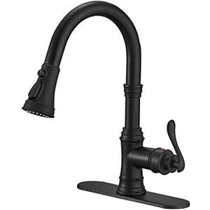 Homevacious Matte Black Kitchen Faucet with Pull Down Sprayer 3 Functions Vintage Single Handle Antique Brass Pull Out Sink Faucet 1 or 3 Hole with Deck Plate Supply Lines for Farmhouse Camper Rv Bar