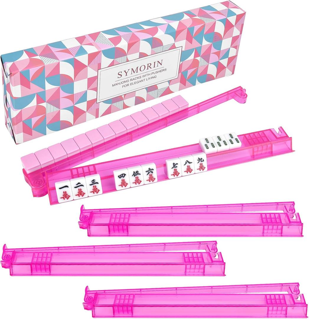 Non-Slip Mahjong Racks with Pushers, 4-Pack Clear Acrylic Racks, American Mahjong Accessories, Gift-Ready Mahjong Gifts (Pink)