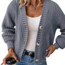 Women’s Chunky Knit Cardigan – Waffle Knit Button Down Oversized V Neck Fall Sweater for Casual Layering (Gray, M)