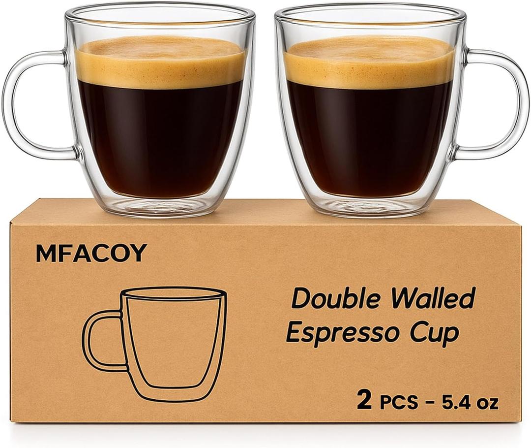 Mfacoy Glass Double Wall Insulated Espresso Cups (Set of 2), 5.4 oz Shots Cup with Handle, Insulated Glasses Mugs, Small Coffee Cups, Shot Glass