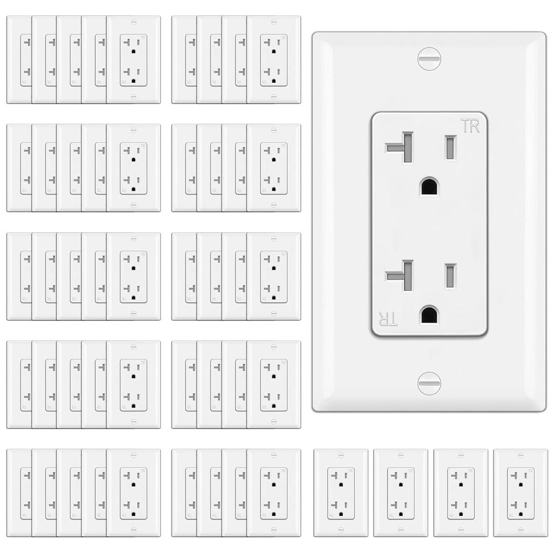 BESTTEN 20 Amp Decorator Receptacle Outlet, 50 Pack Tamper-Resistant (TR) Wall Electrical Outlet with Wallplate, 20A/125V/2500W, UL Listed, White