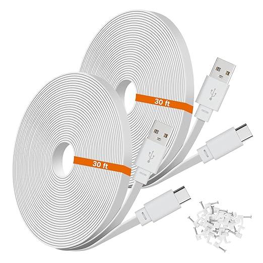 2-Pack 30ft USB C Power Extension Cable Compatible with Ring Pan-Tilt Indoor Cam 2024 Release & WYZE Duo Cam Pan, Pan V4 2025 Security Camera - 9m Type-C Long Flat Charging Cord for CCTV Cam, White