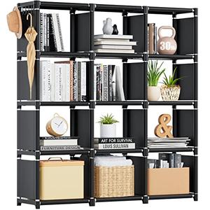 Mavivegue Book Shelf, 12 Cube Storage Organizer, DIY Bookcase, Metal Bookshelf,Tall Book case for Bedroom, Living Room,Office,Closet, Black Cubicle Rack