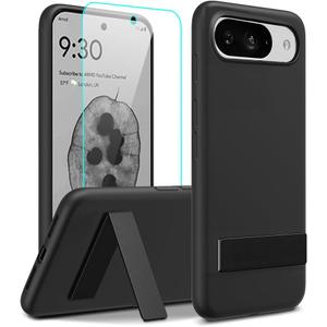 Compatible for Google Pixel 10/10 Pro Phone Case with Glass Screen Protector, [3 Stand Ways] Metal Kickstand/Stand Silicone TPU Slim Fit Protective Cover Case for Google 10/10 Pro 5G 2025 - Black