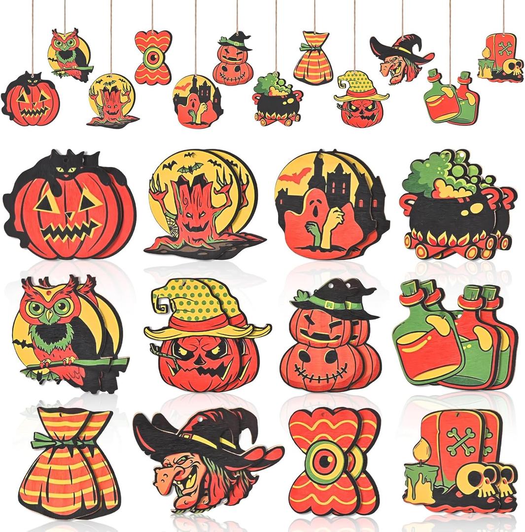 2 x 24 Pcs Vintage Halloween Hanging Ornaments - Wooden Pumpkin Witch Ghost Decorations - Orange - Halloween Party Gift