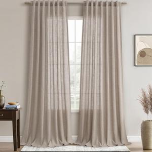 Joywell Beige Tan Linen Semi Sheer Curtains 96 Inches Length Long Rod Pocket Back Tab Hook Belt Clip Rings Window Curtains Drapes for Bedroom Living Room 2 Panels 52x96