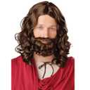 Men's Classic Jesus Dark Brown Wig and Beard Set  Long Curly Costume Hair and Full Beard  Biblical, Jesus, Saint, or Historical Character Cosplay Accessory One Size Fits All