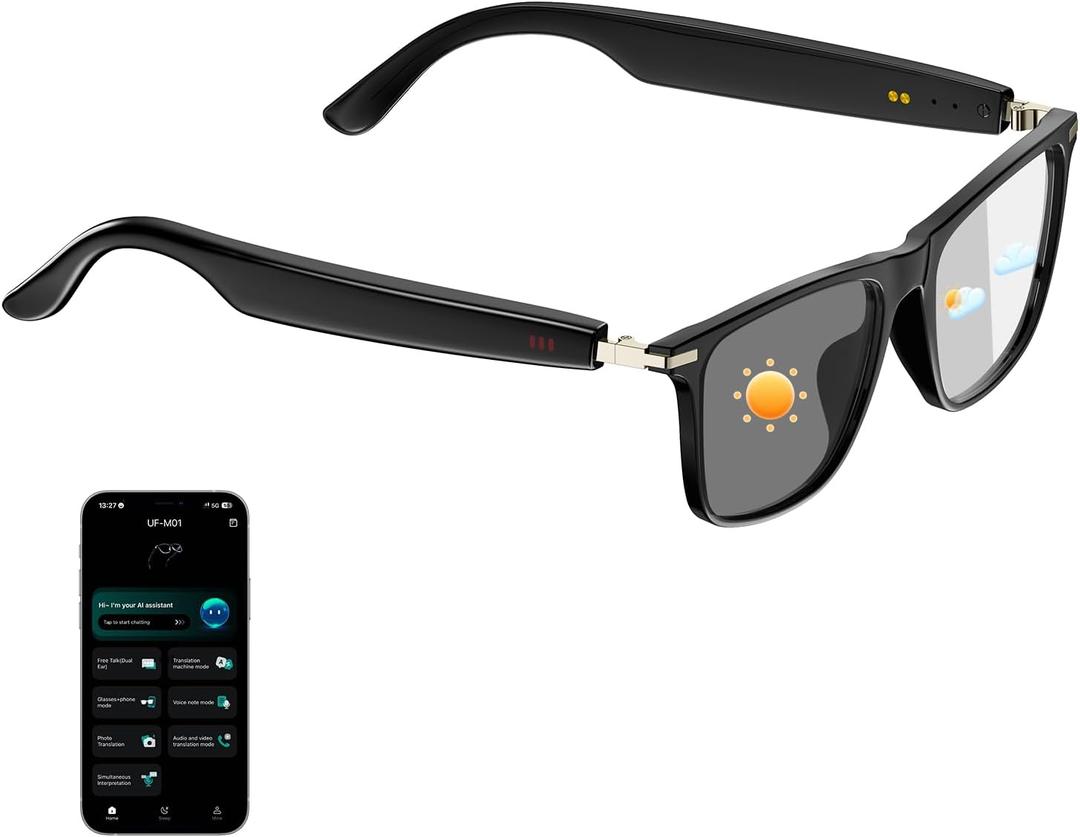 AI Smart Glasses for Men & Women, Supports 160+ languages Real-Time Translation, No Subscription, Open-Ear Speakers, Color-Change Lenses, Smart Audio Bluetooth Glasses for Indoor & Outdoor Use (Black)