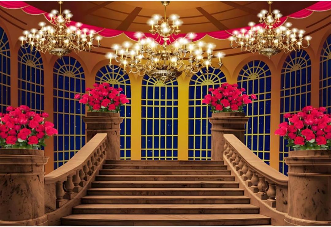 Baocicco 7x5ft Retro Medieval Palace Backdrop for Wedding Domed Windows Stairway Chandelier Red Floral Photography Background Wedding Photoshoot Bride to Be Party Photographer Studio Props