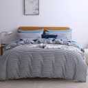 JELLYMONI 100% Natural Cotton 3pcs Striped Duvet Cover Sets,White with Navy Blue Stripes Pattern Printed Comforter Cover,with Zipper Closure & Corner Ties(Queen Size) (0605)