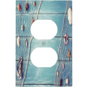 Decorative Switch Plate Covers Turquoise Blue Wood Board Nautical Starfish Farmhouse 1 Gang Receptacle Duplex Wall Plate Light Switch Cover Single Dual Device Outlet Plate Electrical Faceplate
