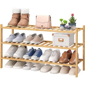 viewcare 3-Tier Long Shoe Rack, Bamboo Wood Shoe Rack for Closet, Entryway & Hallway, Stackable | Beautiful | Functional | Sturdy