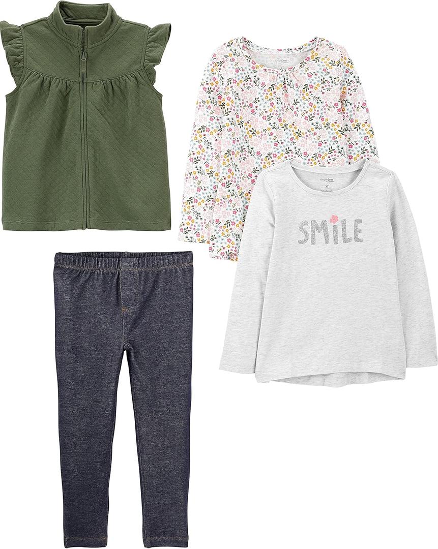 Simple Joys by Carter's baby-girls 4-piece Playwear Set (5T, Grey Smile/Indigo Wash/Olive/White Floral)