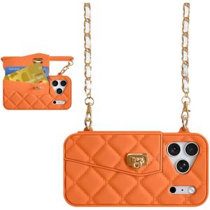 UnnFiko Wallet Phone Case Compatible with iPhone 17 Pro Max, Cute Light Luxury Bag Design, Purse Flip Card Pouch Cover Soft Silicone Case with Handstrap Long Shoulder Strap (Orange, iPhone 17 Pro Max)