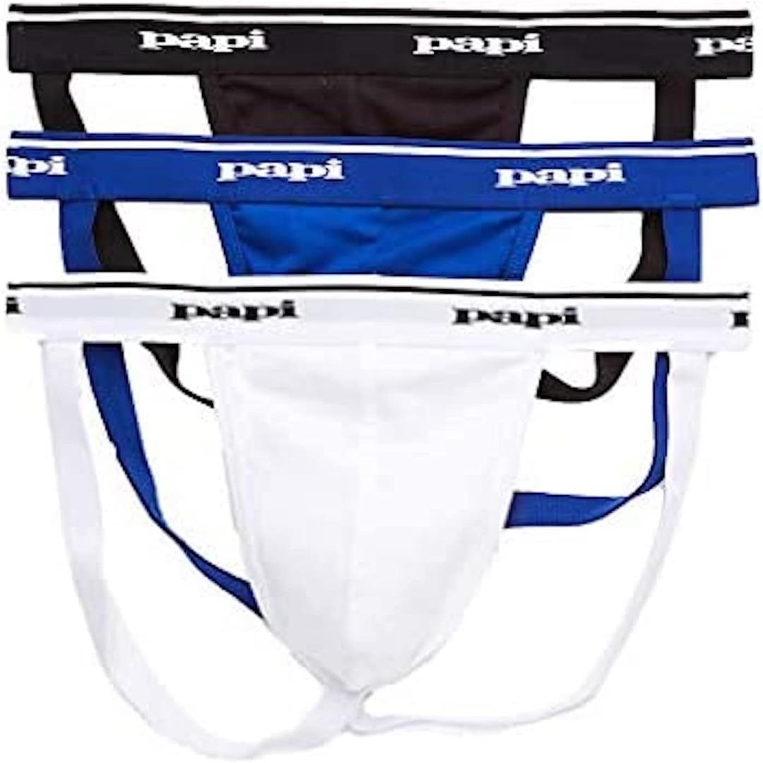 papi Men's 3-Pack Jockstrap, Athletic Supporter, Breathable Male Workout Underwear (Large, Black/White/Blue)