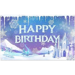 Yriujul Fabric 96x60inch Ice Snow Winter Birthday Backdrop Magical Castle Wonderland Snowflake Photography Background Kids Girls Party Decorations Photo Props