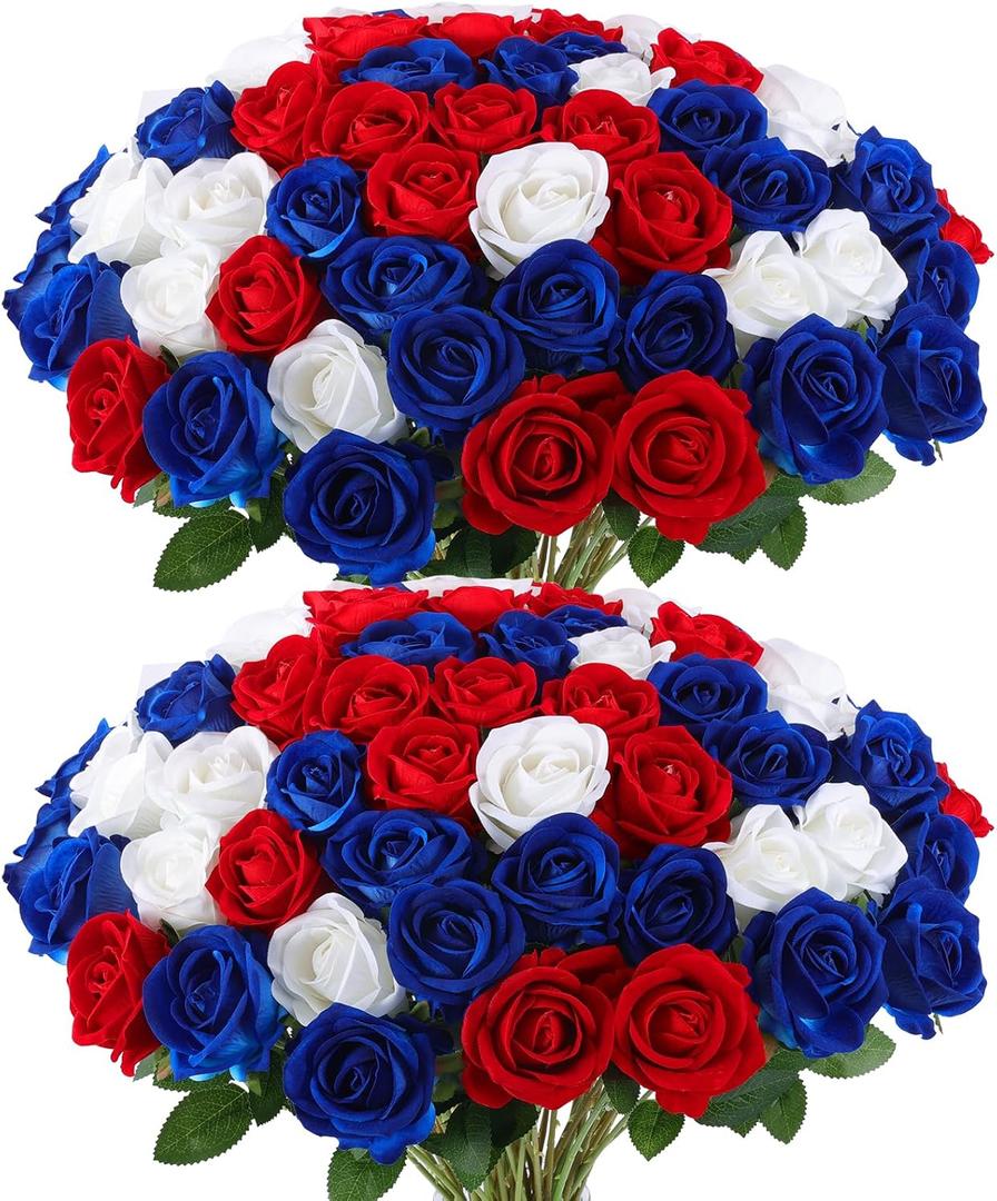 Hananona 50 Pcs Artificial Roses in Bulk, Fake Velvet Silk Roses Realistic Roses for 4th of July Wedding Centerpieces Independence Day Patriotic Flower Arrangement Home Decor (50, Red, White, Blue)