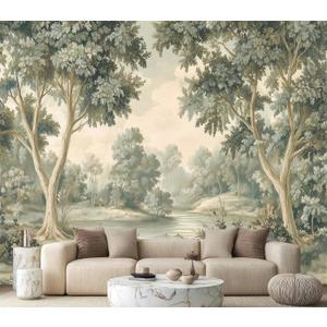 Serene Watercolor Forest River Landscape Wallpaper Peel and Stick, 157" x 110"