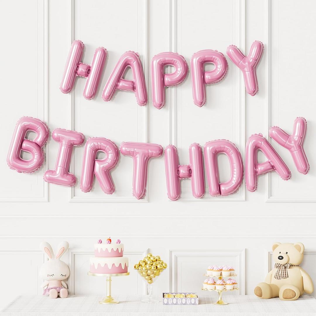 Pink Happy Birthday Balloon Banner, 16 Inch Light Pink Happy Birthday Foil Letter Balloons, Sweet HBD Decorations for Baby Girl, First Birthday, Toddler, Baby Shower, Photo Backdrop