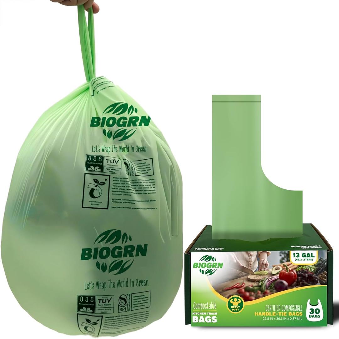 10-13 Gallon Compostable Trash Bags with Handles Tie 30 Bags Biodegradable Garbage Bags Food Scrap Green Waste Bags Thick 0.87 Mil 49.21 Liter ASTM D6400, US BPI and OK Compost Home Certified