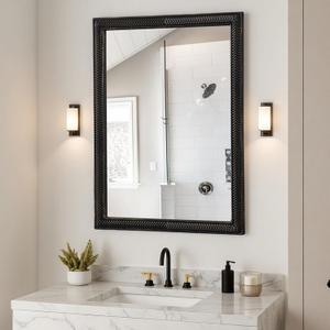 Farmhouse Black Bathroom Mirror for Wall 30 X 22 Inch, Hanging Carved Wooden Framed Mirrors, Rustic Rectangle Mirror Decor Living Room Bedroom Hallway Entryway, Horizontal or Vertical