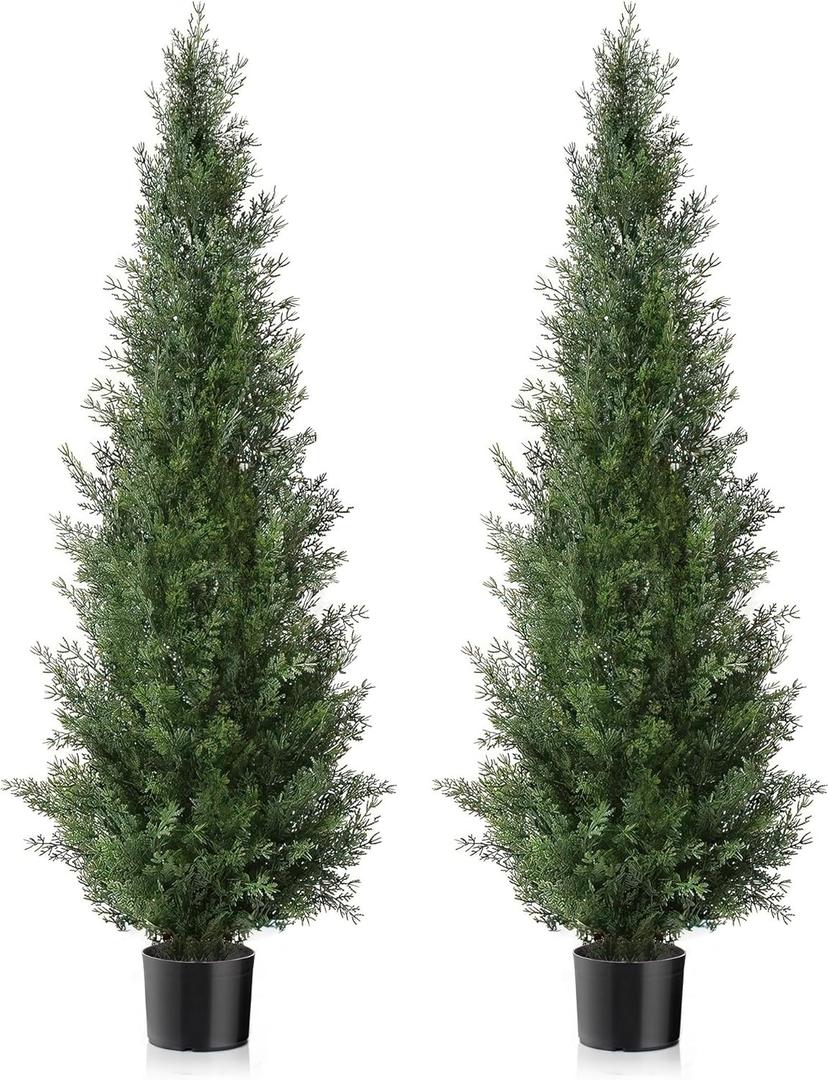 Set of 2 Pre-Potted 5 Feet Faux Cedar Tree, Lifelike UV Protected Front Door Decor, Porch, Garden, Entryway Topiary, Indoor/Outdoor Use - Ready to Display