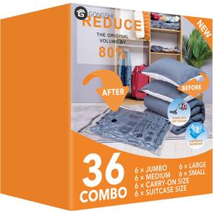 GONGSHI Vacuum Storage Bags, Space Saver Seal Bags For Clothing, Travel Luggage,Blankets, Comforters, Pillows, Clothes Storage 36 Combo