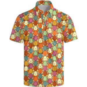 Golf Polo Shirts for Men Athletic Golf Polos Short Sleeve Performance Golf Shirts (Medium, Retro Floral Orange)