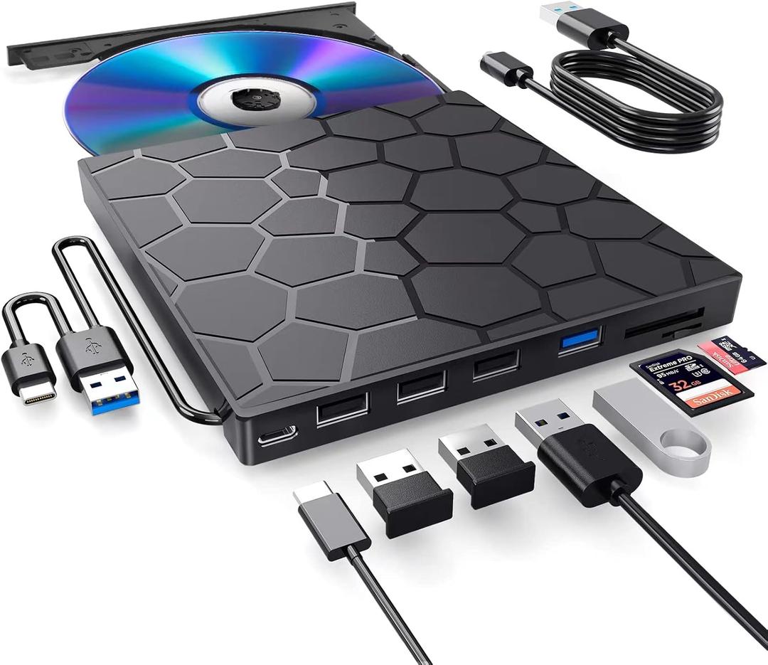 External CD/DVD Drive for Laptop, DVD Player for Laptop, 8 in 1 USB 3.0 Ultra-Slim Portable, CD Burner External Disk Drive Optical Compatible with Desktop Mac,Windows 11/10/8/7 Linux (Black)